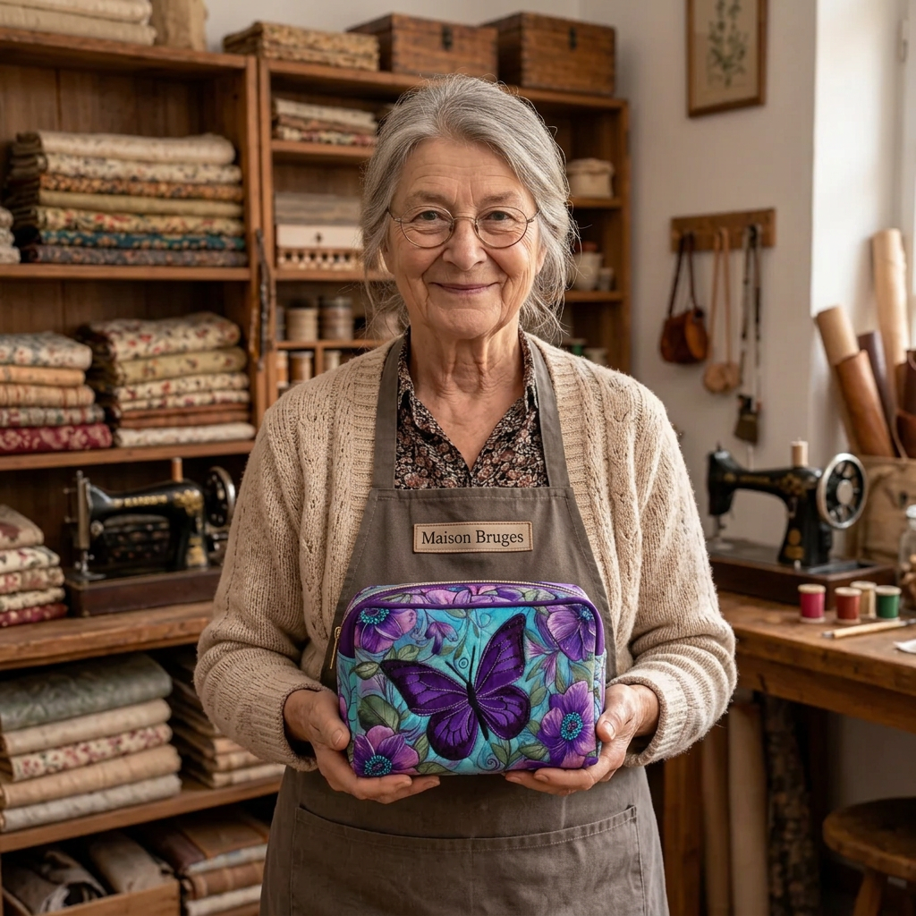 Lien of Maison Bruges in her atelier holding a quilted makeup bag