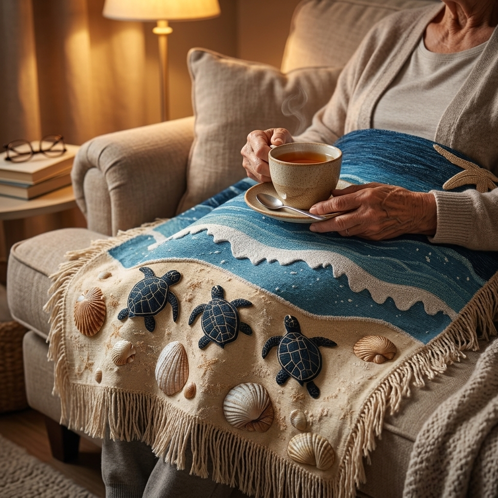 Lien holding a cup of tea with a blanket on her lap