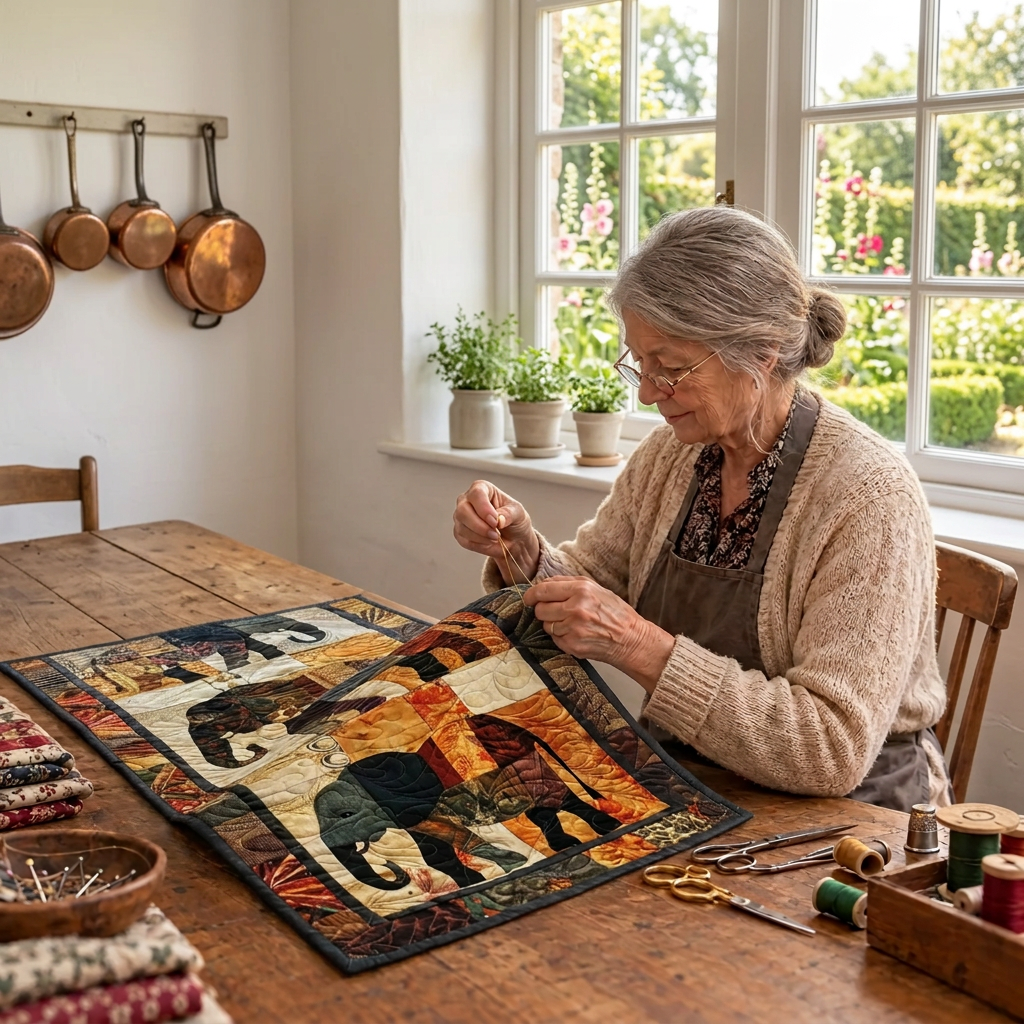 Lien van Maison Bruges naait een gewatteerde tafelloper in haar atelier