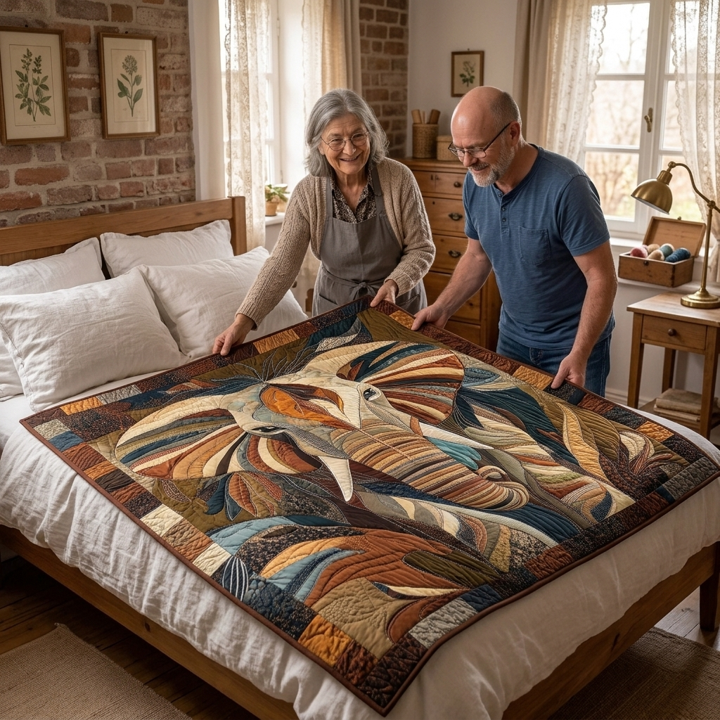 Lien and Thomas spreading a bedspread over the bed together