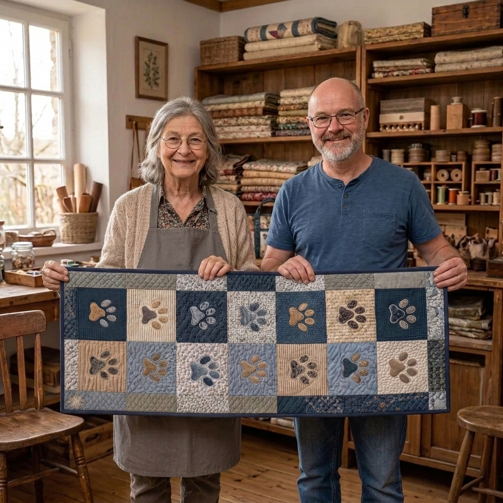 Lien and Thomas holding a kitchen rug in their atelier