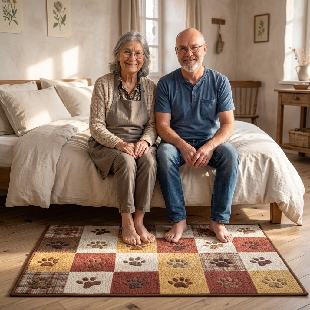 Lien and Thomas sitting on the bed with their feet on a soft paw rug