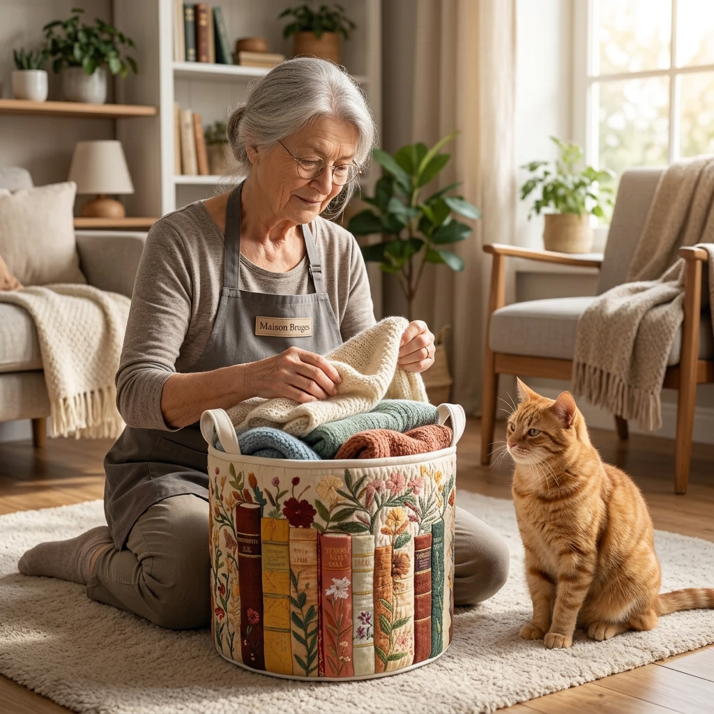 Lien fills a quilted laundry basket with soft blankets in the living room, next to her cat