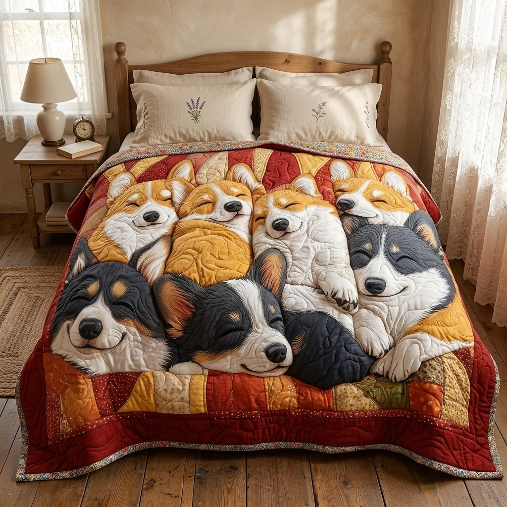 Gewatteerde bedsprei Corgiknuffelclub op een bed in een gezellige slaapkamer