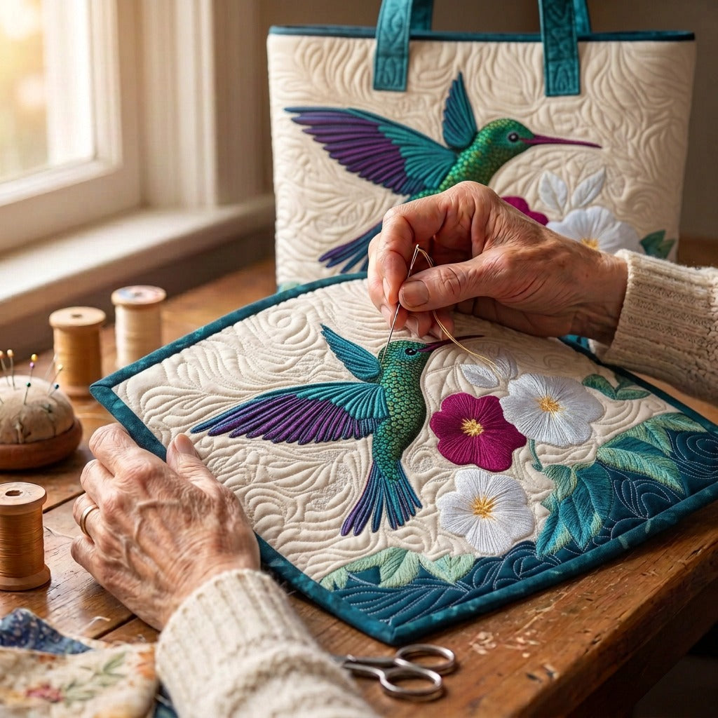 Joyau du Jardin Sac Matelassé – matelassé à la main sur la table de l’atelier