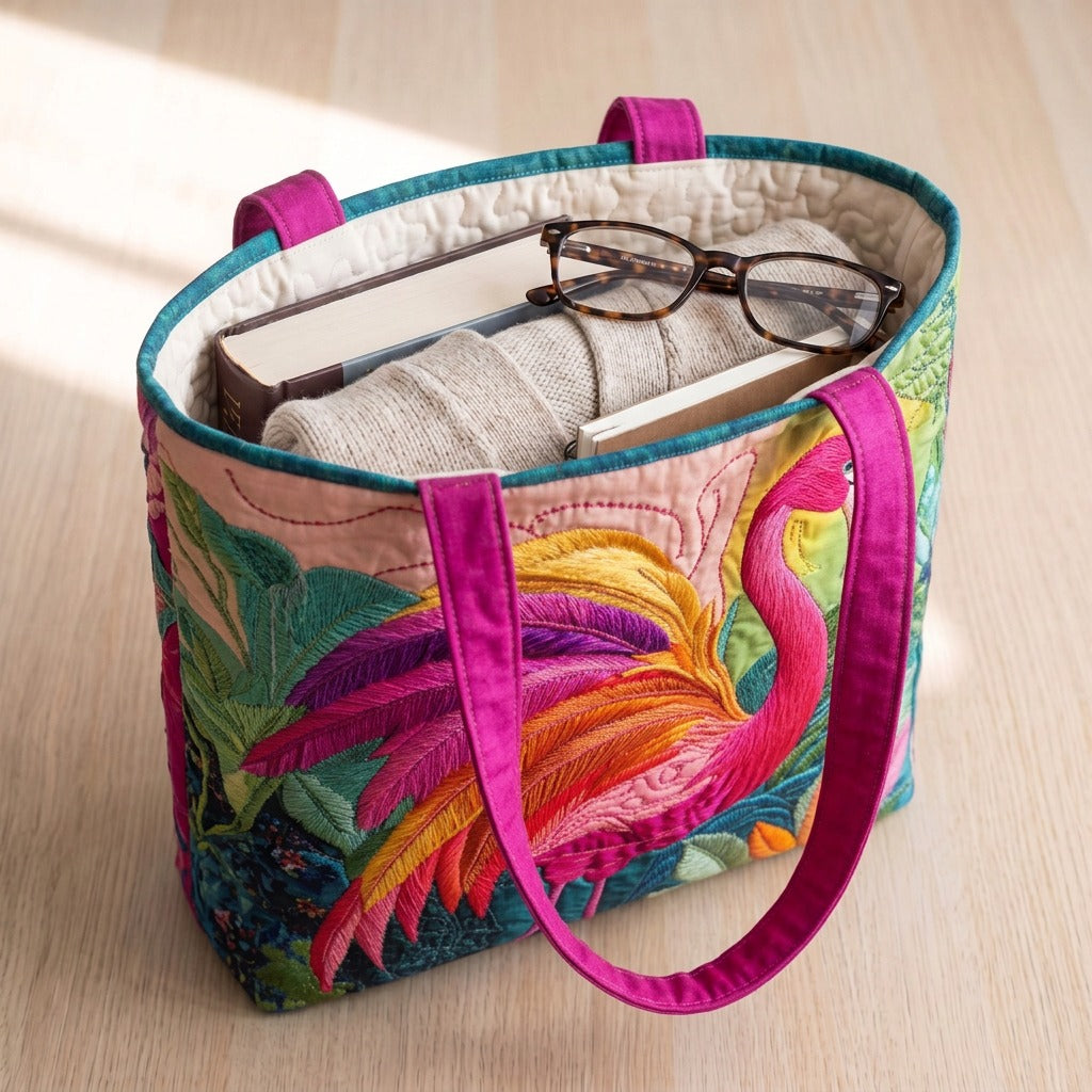Flamant Arc-en-ciel Sac Matelassé – sac rempli d’un livre, d’un gilet et de lunettes