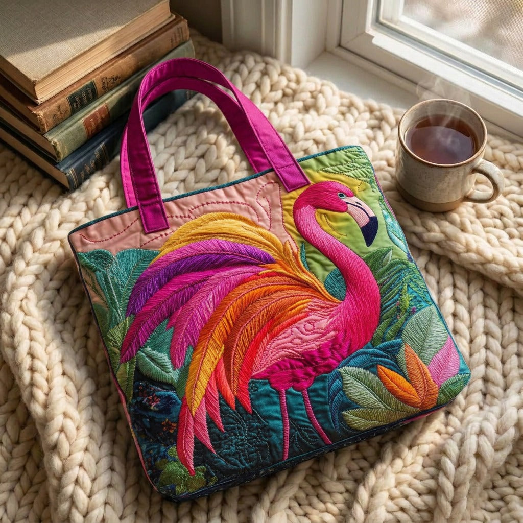 Flamant Arc-en-ciel Sac Matelassé – sac sur un plaid tricoté avec un café près de la fenêtre