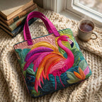 Flamant Arc-en-ciel Sac Matelassé – sac sur un plaid tricoté avec un café près de la fenêtre