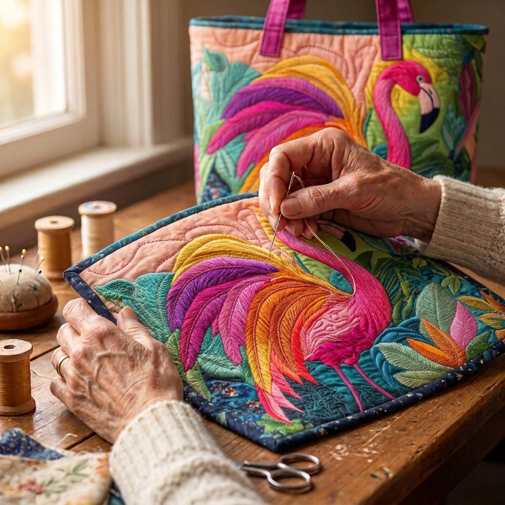 Flamant Arc-en-ciel Sac Matelassé – matelassé à la main sur la table de l’atelier