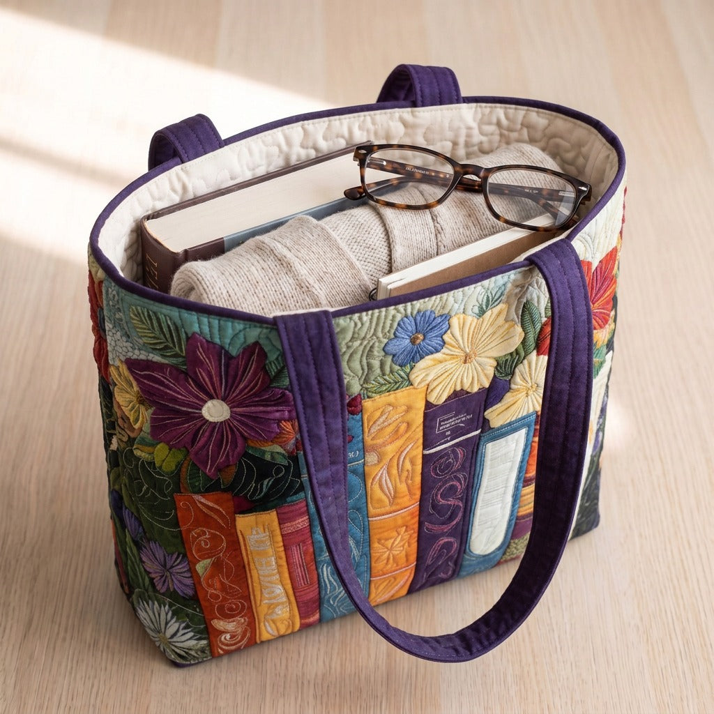 Amoureux des Livres Tote Bag Matelassé – sac rempli d’un livre, d’un gilet et de lunettes