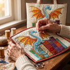 Drakenwachter van Boeken Gewatteerde Draagtas – wordt met de hand gequilt aan de ateliertafel