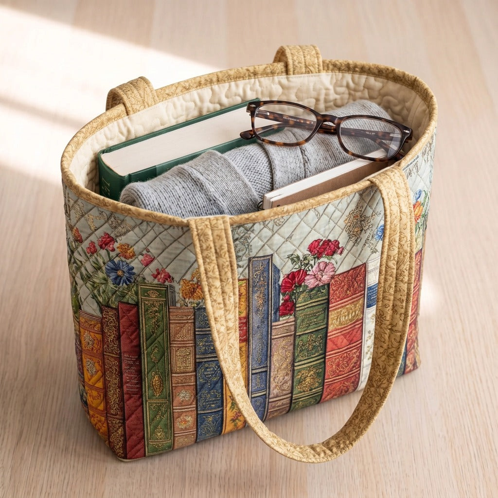 Bibliothèque Enchantée Tote Bag Rembourré – sac rempli d’un livre, d’un gilet et de lunettes