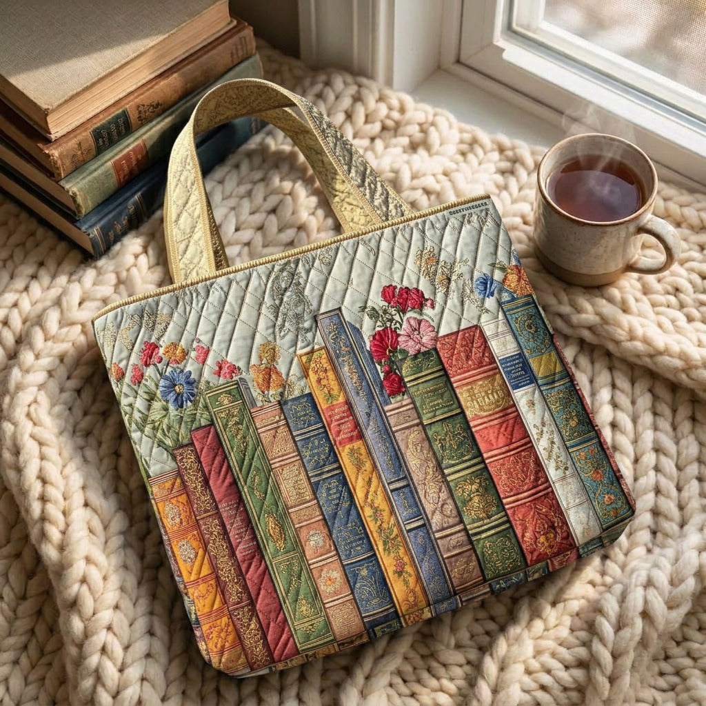 Bibliothèque Enchantée Tote Bag Rembourré – sac sur un plaid tricoté avec un café près de la fenêtre