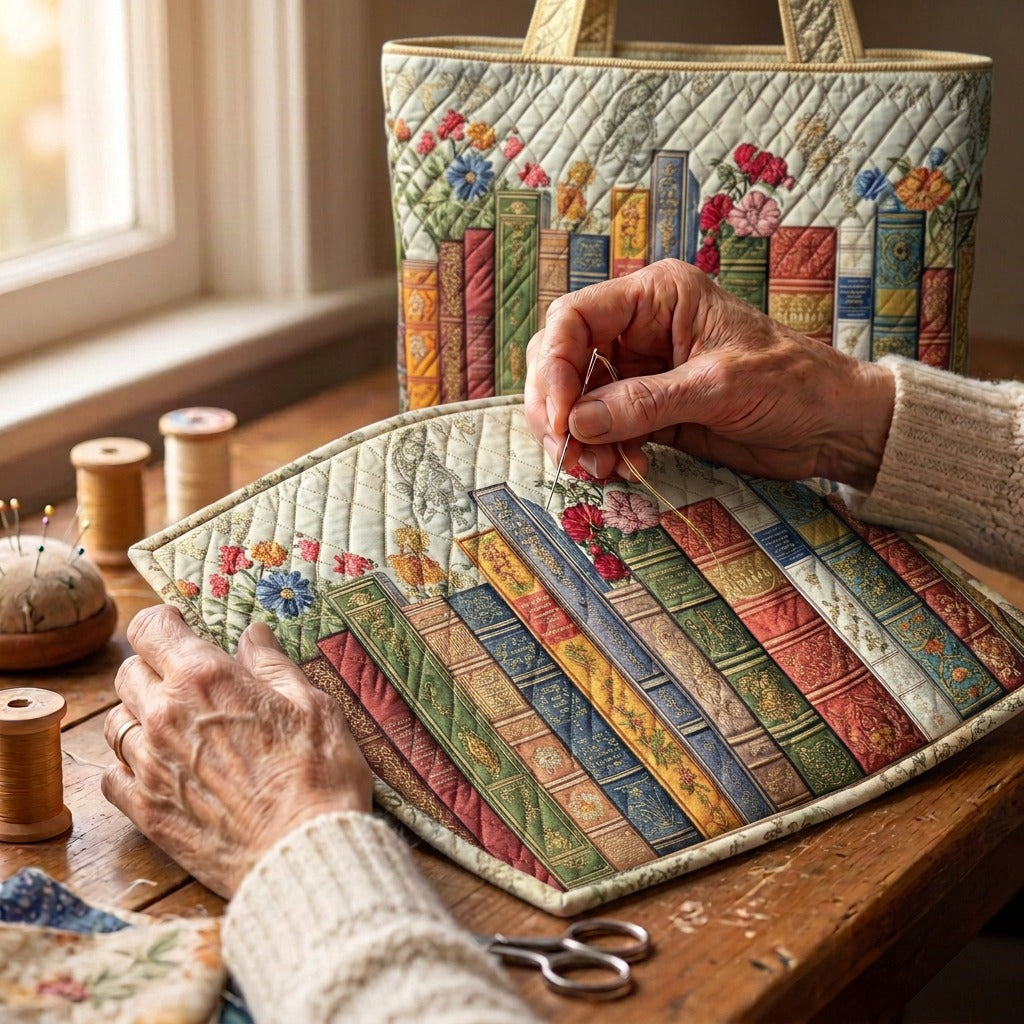 Bibliothèque Enchantée Tote Bag Rembourré – matelassé à la main sur la table de l’atelier