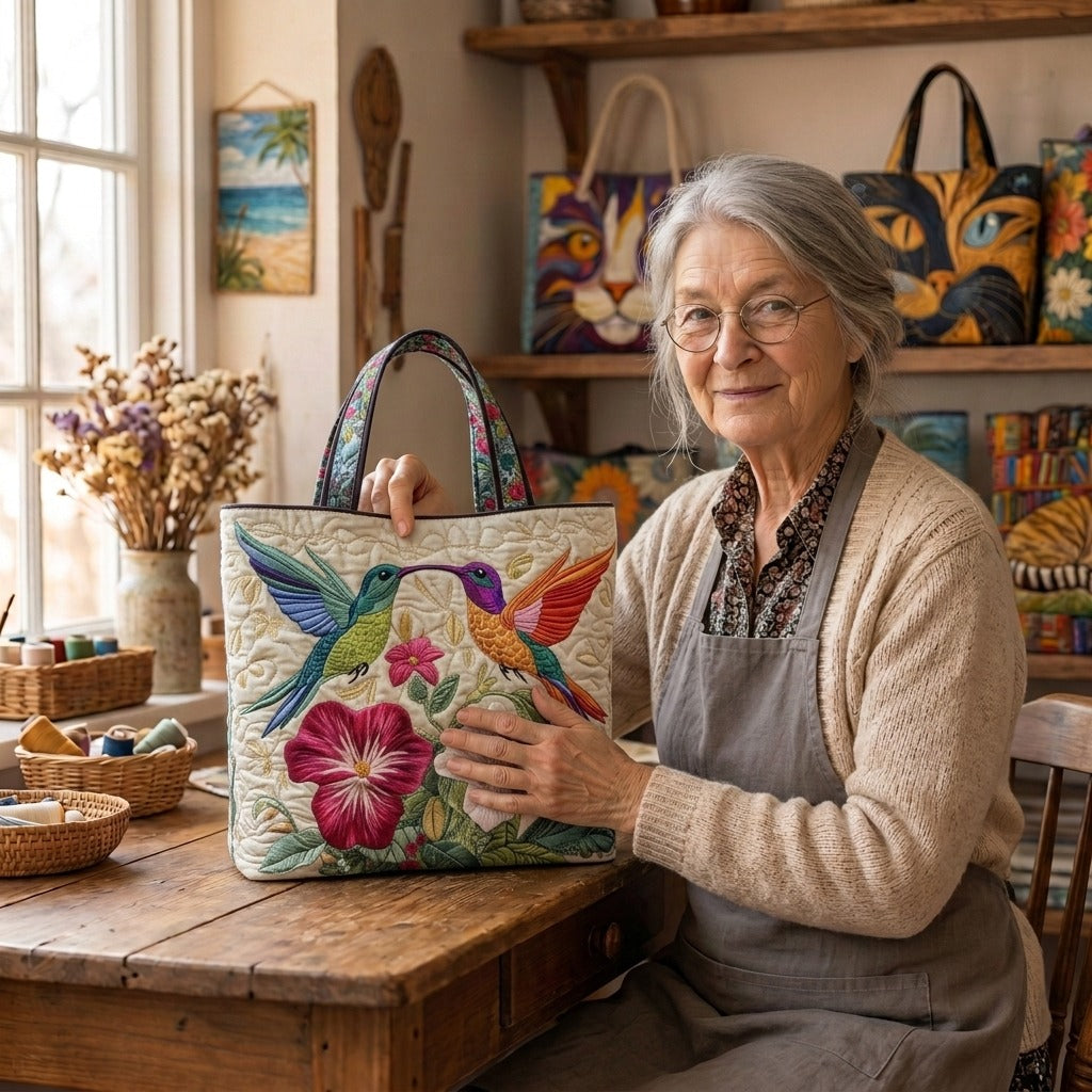 Lien met de Tuinfluistering Gewatteerde Draagtas in haar atelier