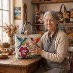 Lien met de Tuinfluistering Gewatteerde Draagtas in haar atelier