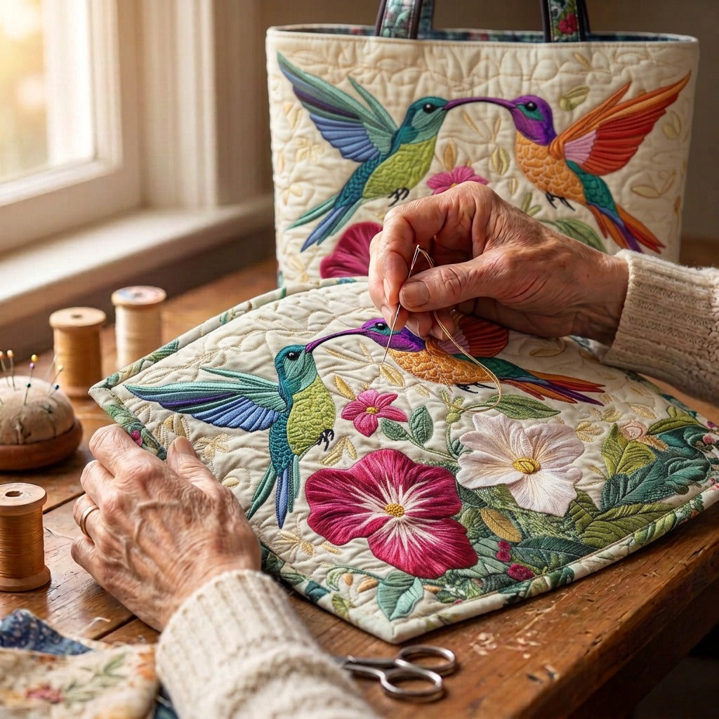 Tuinfluistering Gewatteerde Draagtas – wordt met de hand gequilt aan de ateliertafel