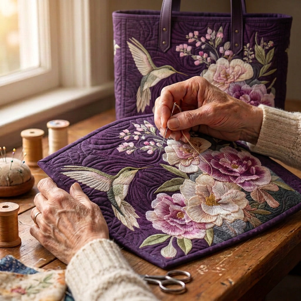 Orchideetuin Gewatteerde Draagtas – wordt met de hand gequilt aan de ateliertafel