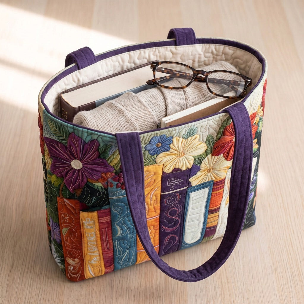 Coin Littéraire Sac Matelassé – sac rempli d’un livre, d’un gilet et de lunettes