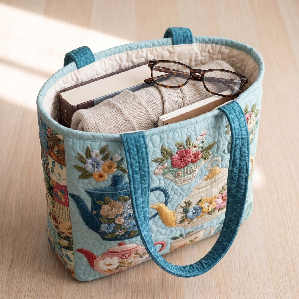 Floraison du Jardin Sac Matelassé – sac rempli d’un livre, d’un gilet et de lunettes