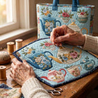 Floraison du Jardin Sac Matelassé – matelassé à la main sur la table de l’atelier