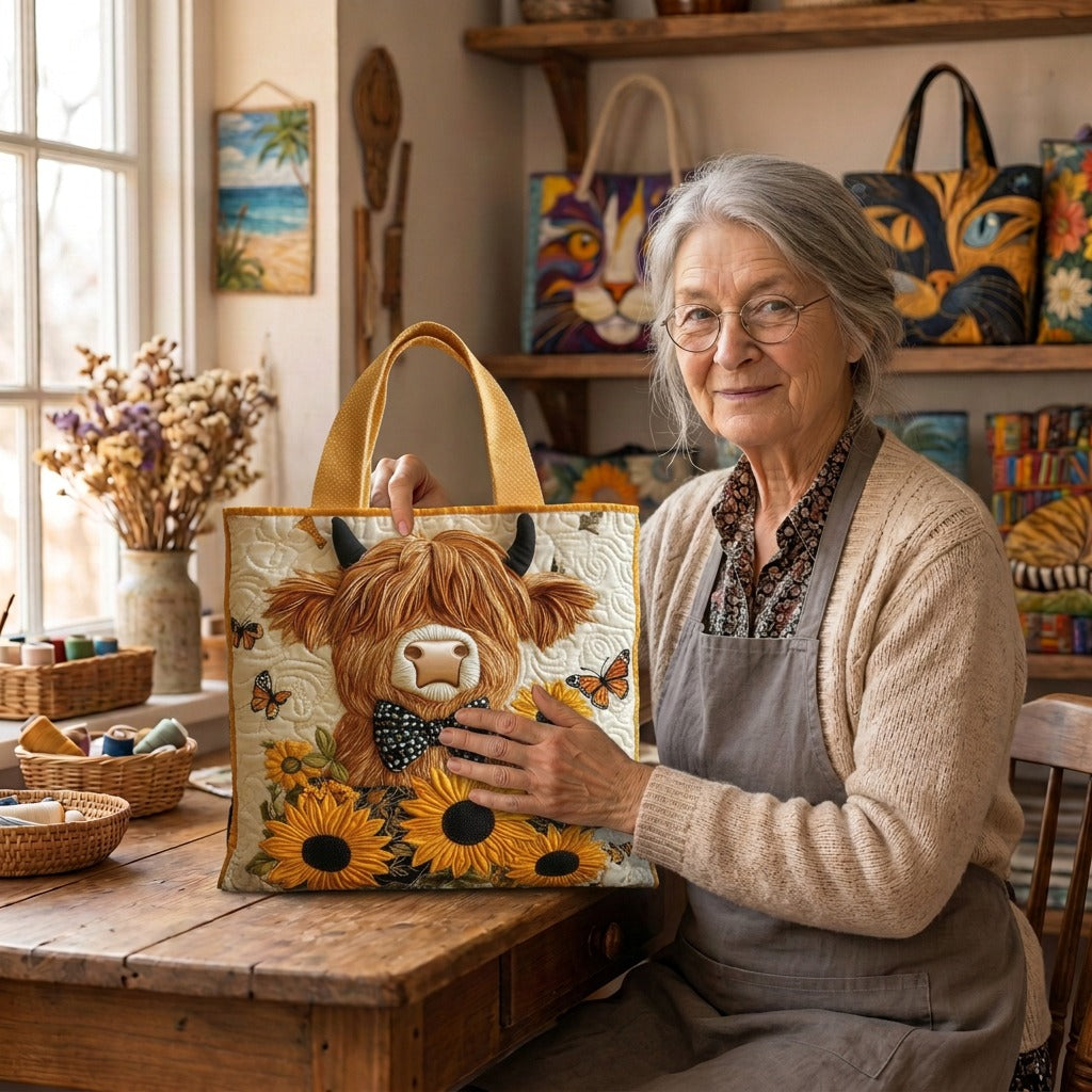 Lien met de Hooglander & Zonnebloemen Gewatteerde Tas in haar atelier
