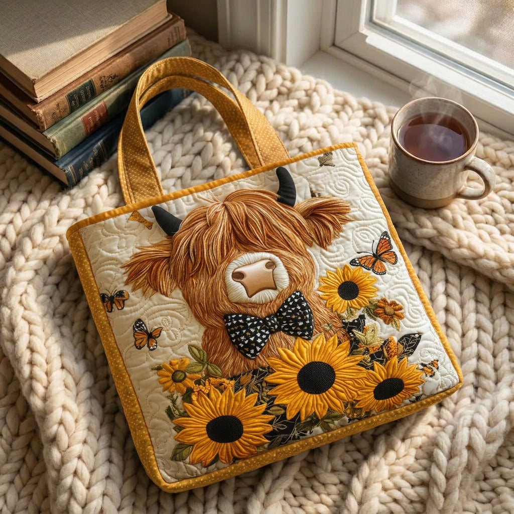 Hooglander & Zonnebloemen Gewatteerde Tas – draagtas op een gebreide deken met koffie bij het raam