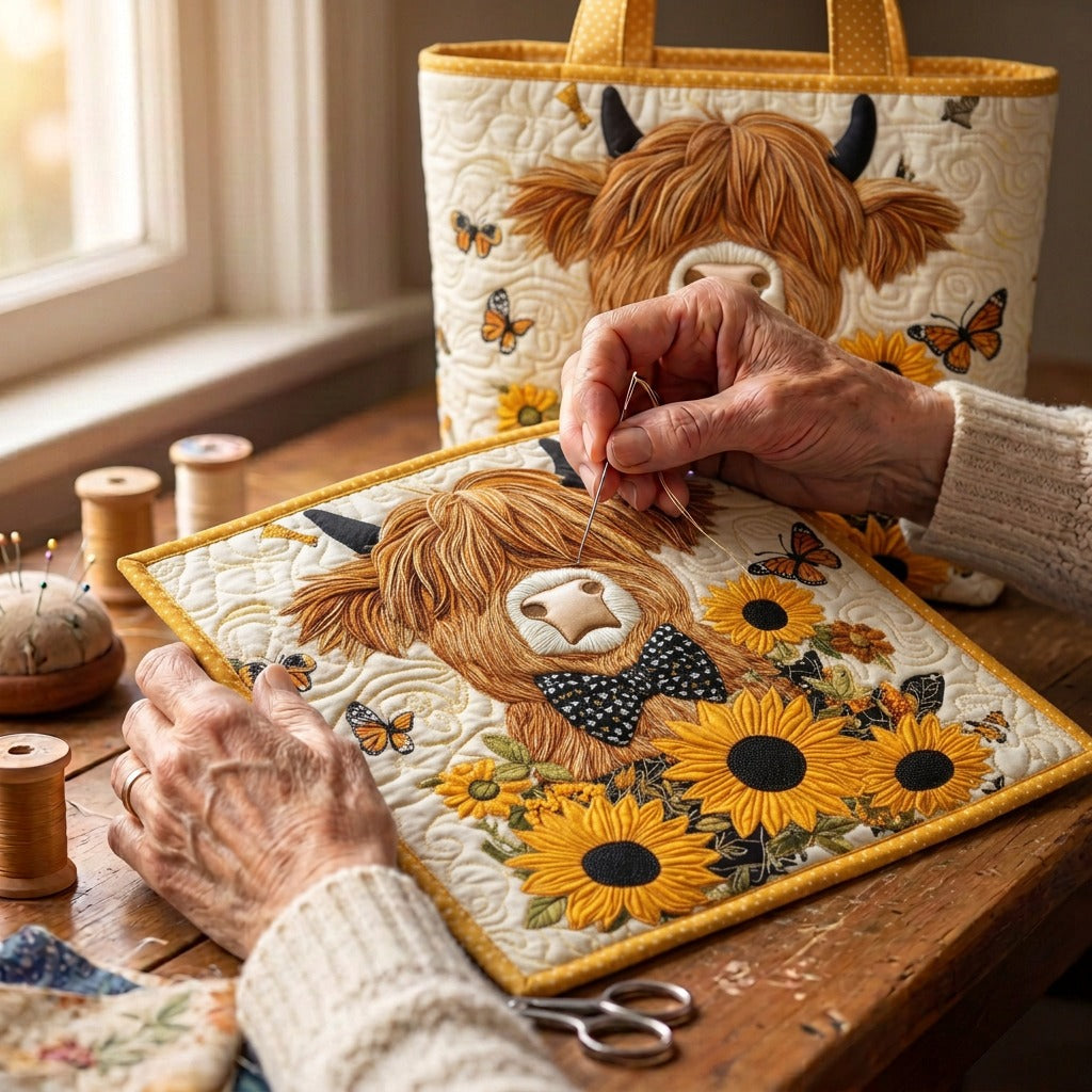Hooglander & Zonnebloemen Gewatteerde Tas – wordt met de hand gequilt aan de ateliertafel
