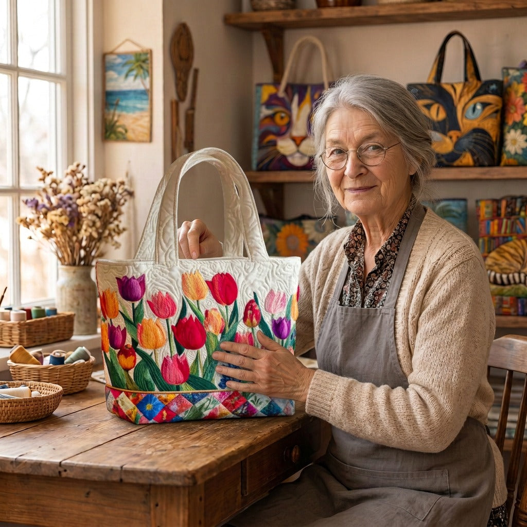 Lien with the Tulip Garden quilted tote bag in her atelier