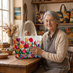 Lien with the Tulip Garden quilted tote bag in her atelier