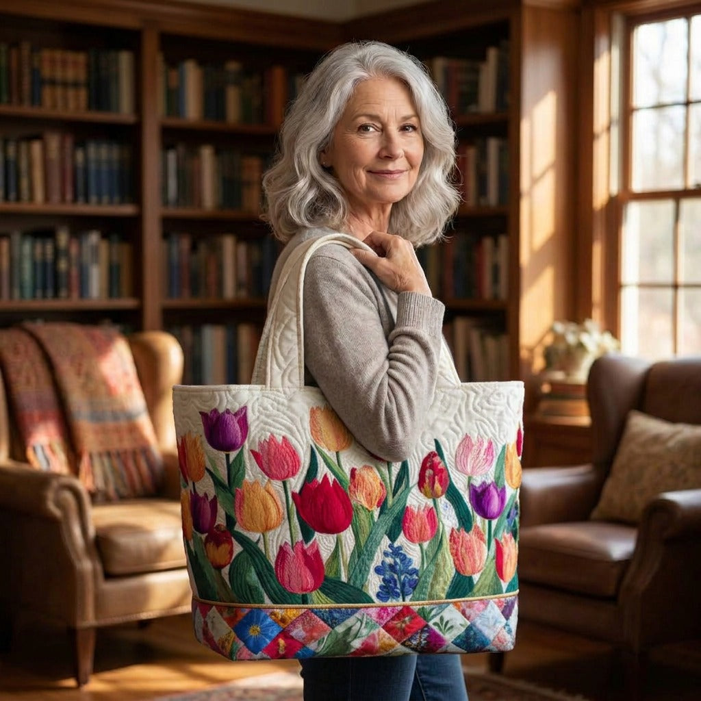 Tulip Garden quilted tote bag worn on the shoulder