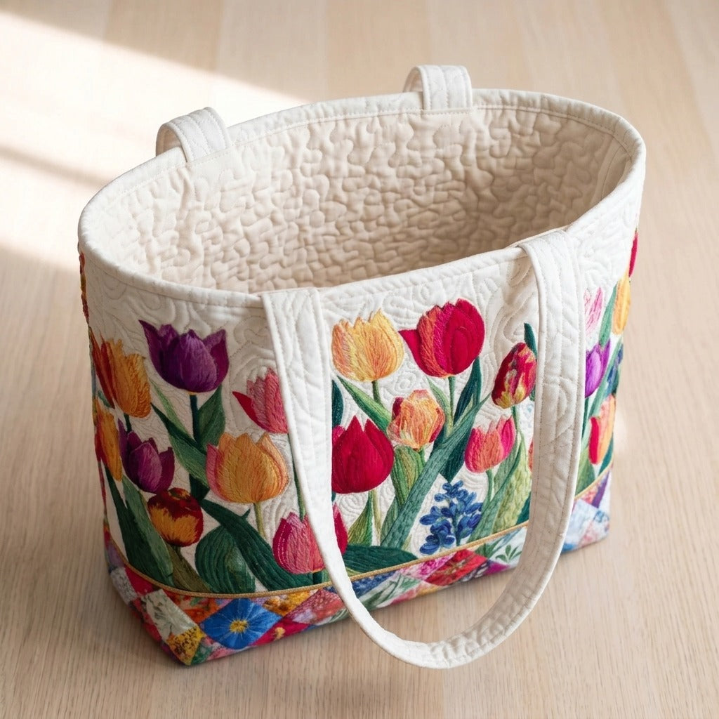 Tulip Garden quilted tote bag, open, showing the quilted lining