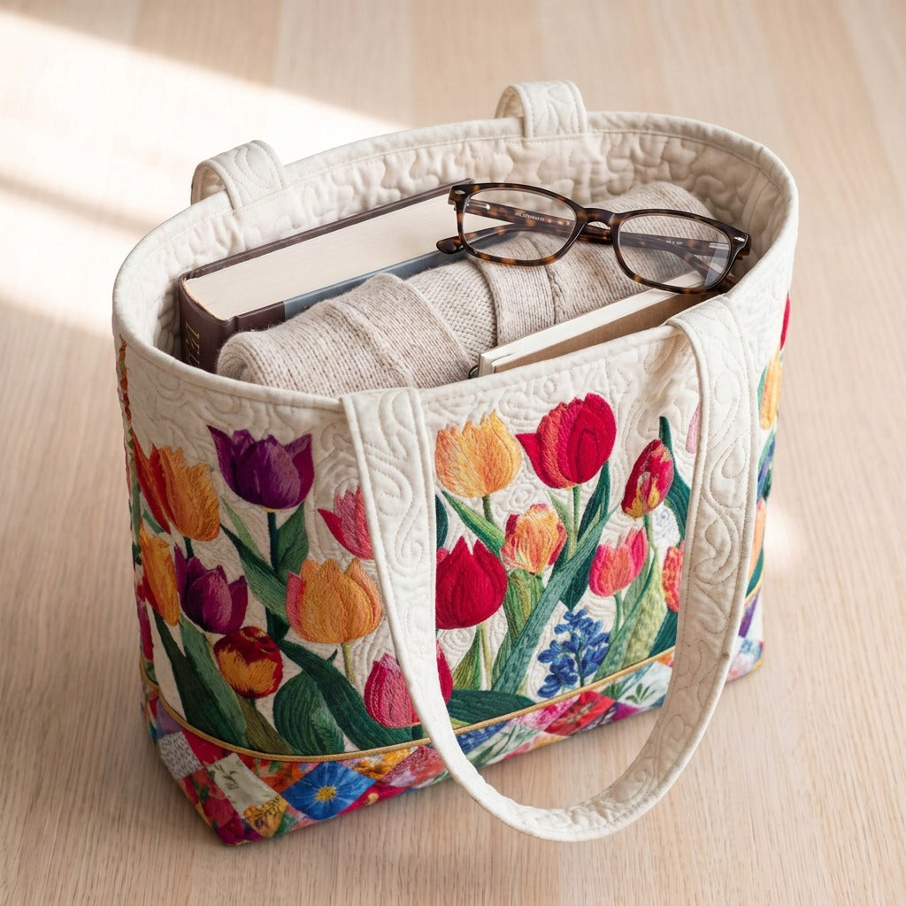 Tulip Garden quilted tote bag packed with a book, a cardigan and glasses