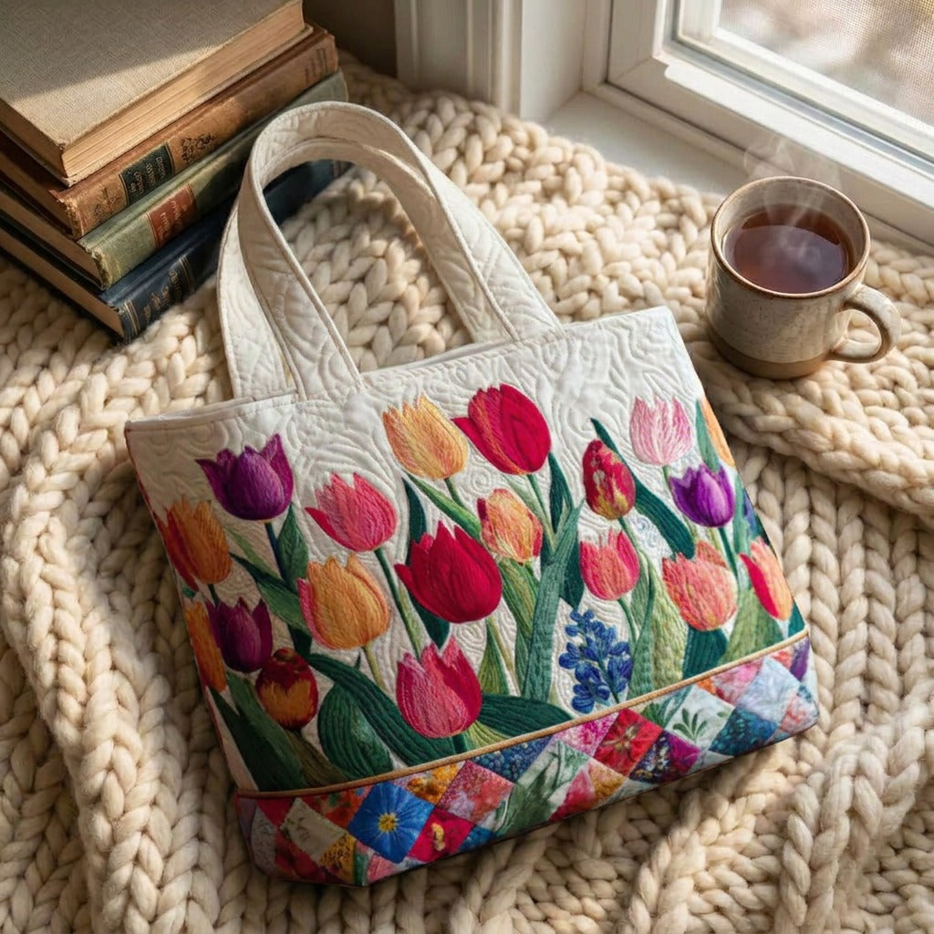 Tulip Garden quilted tote bag on a knitted blanket with coffee by the window