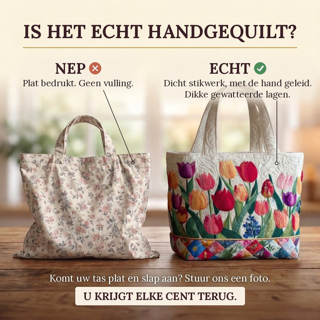 Tulip Garden quilted tote bag: real quilted layers vs a flat printed bag