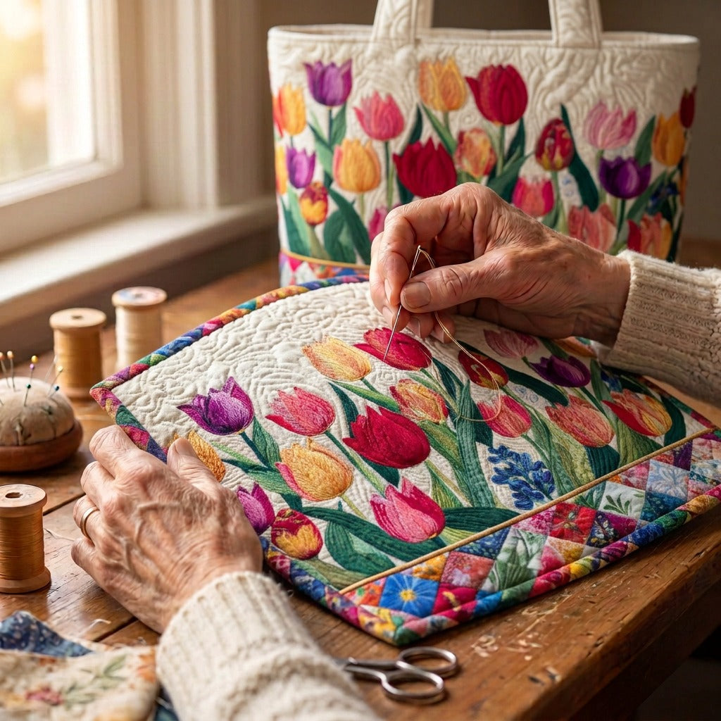Tulpenseizoen Gewatteerde Tas – wordt met de hand gequilt aan de ateliertafel