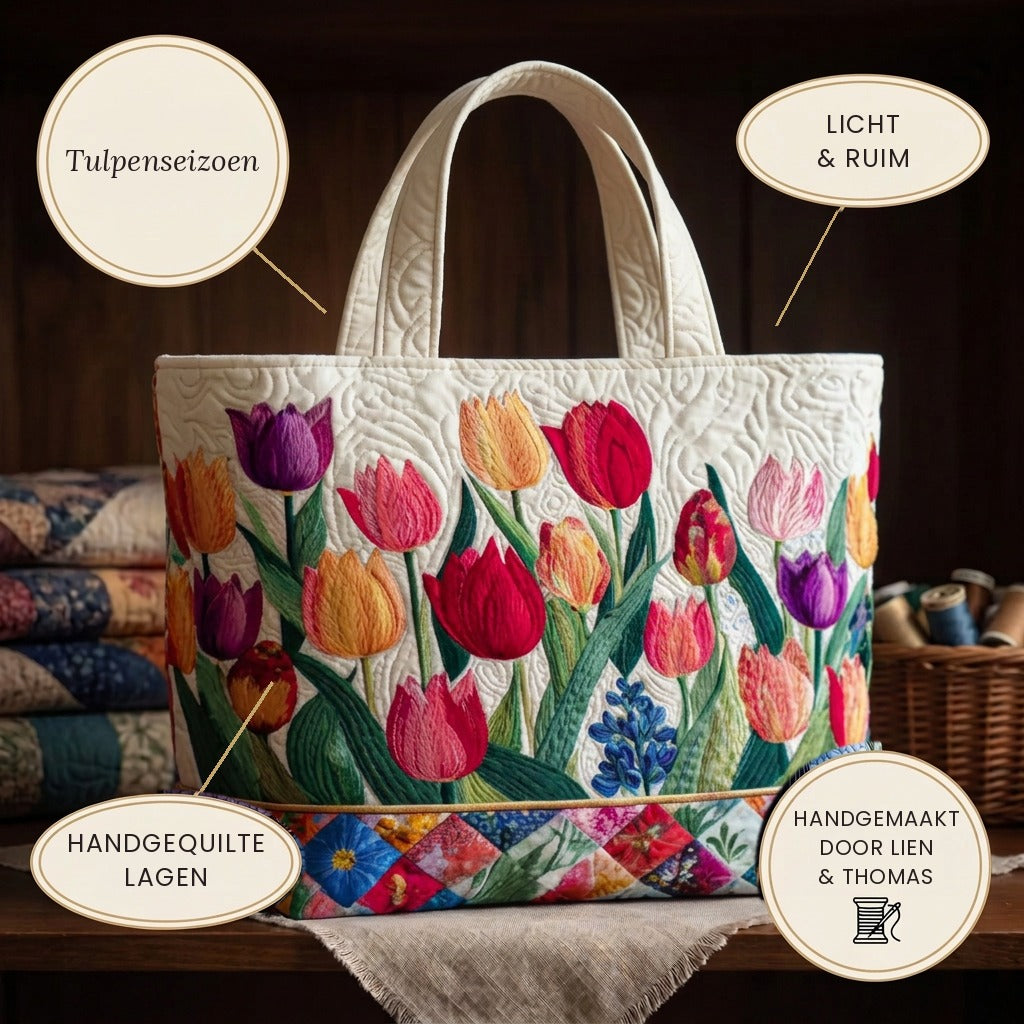 Tulip Garden quilted tote bag details: light and roomy, hand-quilted layers