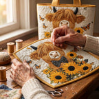 Vlinder & Gratie Gewatteerde Draagtas – wordt met de hand gequilt aan de ateliertafel