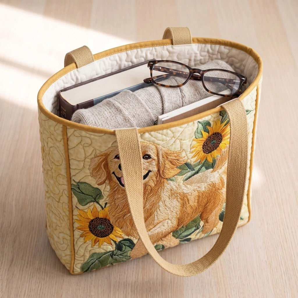 Harmonie Dorée Tote Bag Matelassé – sac rempli d’un livre, d’un gilet et de lunettes