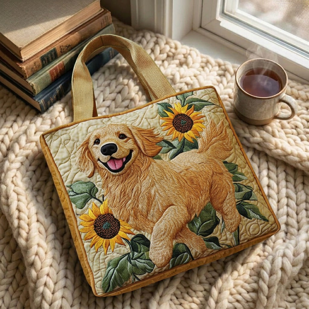 Harmonie Dorée Tote Bag Matelassé – sac sur un plaid tricoté avec un café près de la fenêtre