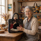 Lien dans son atelier avec le Chat de Minuit Sac Artisanal Matelassé