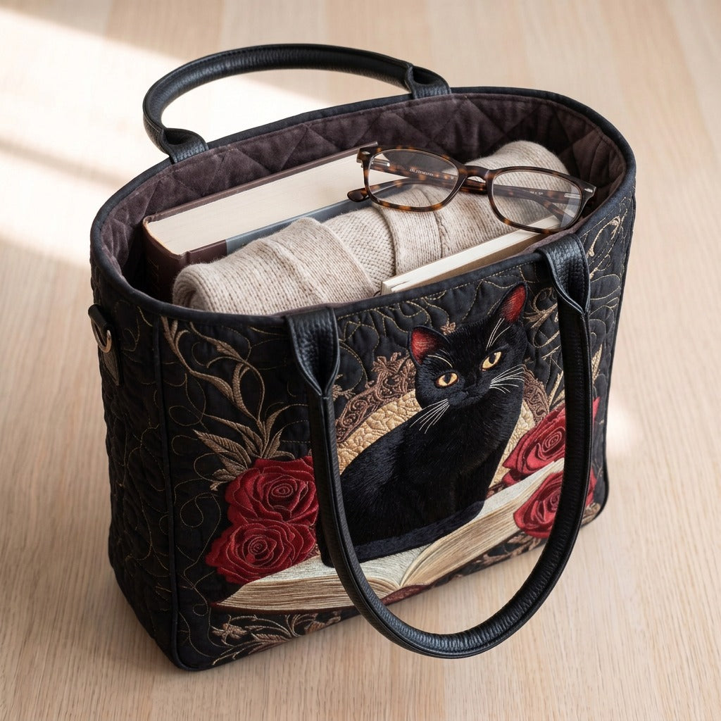 Chat de Minuit Sac Artisanal Matelassé – sac rempli d’un livre, d’un gilet et de lunettes