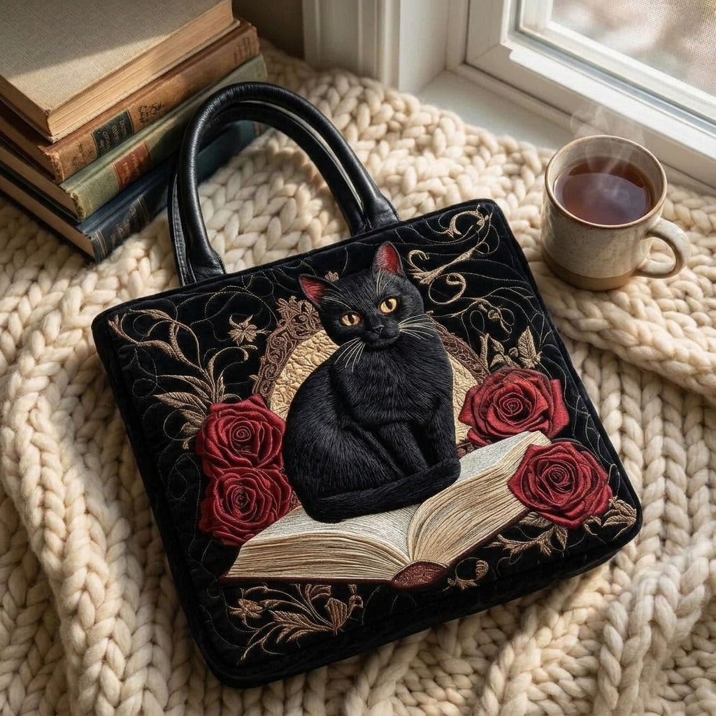 Chat de Minuit Sac Artisanal Matelassé – sac sur un plaid tricoté avec un café près de la fenêtre