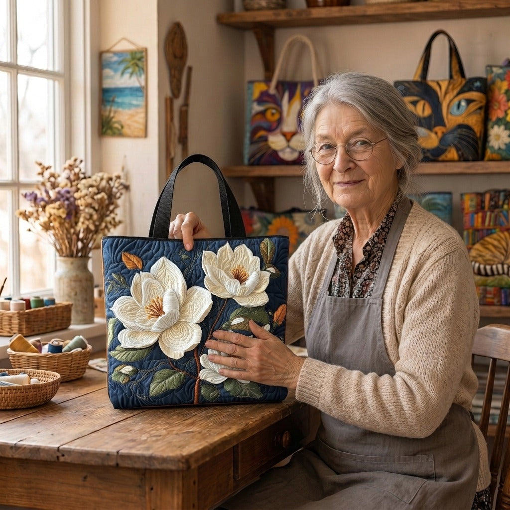 Lien with the Delicate Magnolia quilted tote bag in her atelier