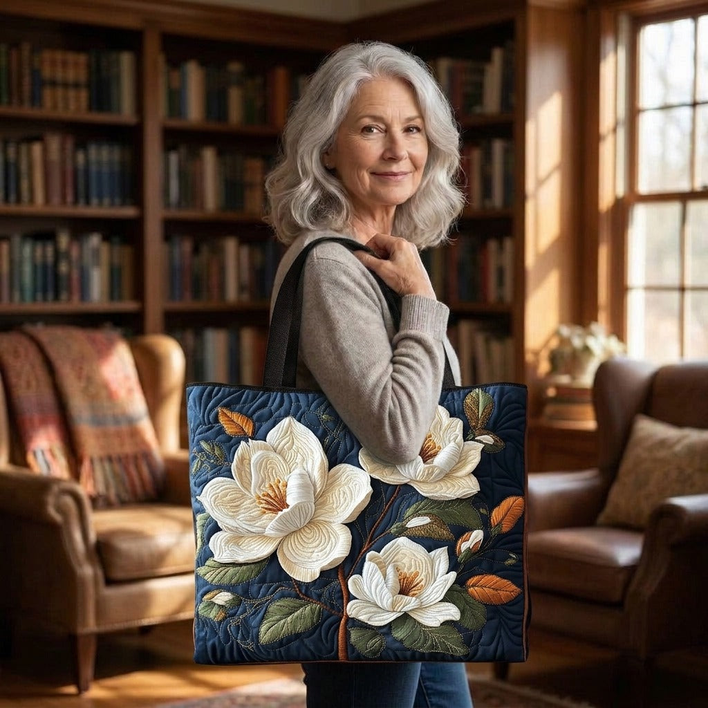Delicate Magnolia quilted tote bag worn on the shoulder