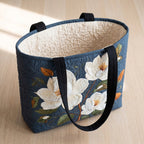 Delicate Magnolia quilted tote bag, open, showing the quilted lining