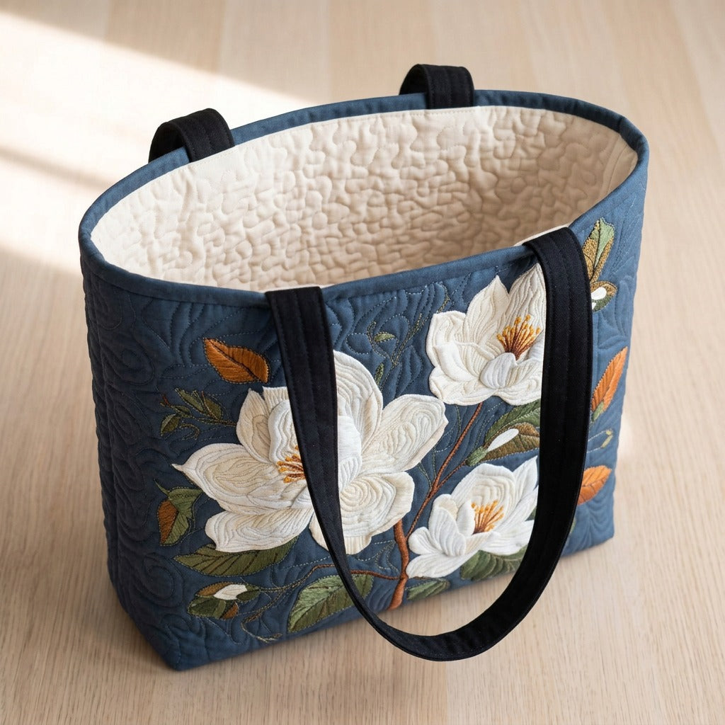 Delicate Magnolia quilted tote bag, open, showing the quilted lining