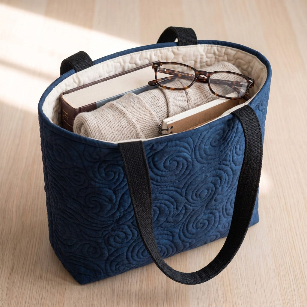 Delicate Magnolia quilted tote bag packed with a book, a cardigan and glasses