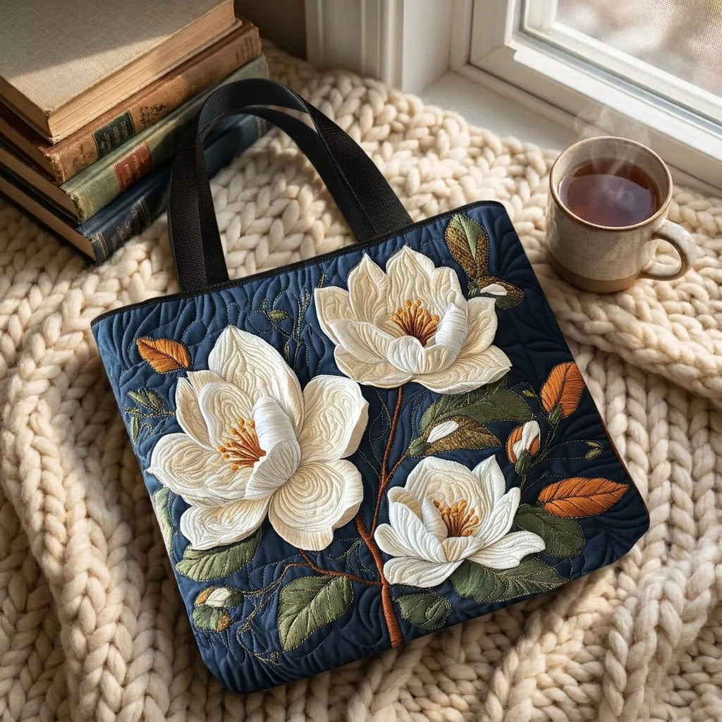 Delicate Magnolia quilted tote bag on a knitted blanket with coffee by the window