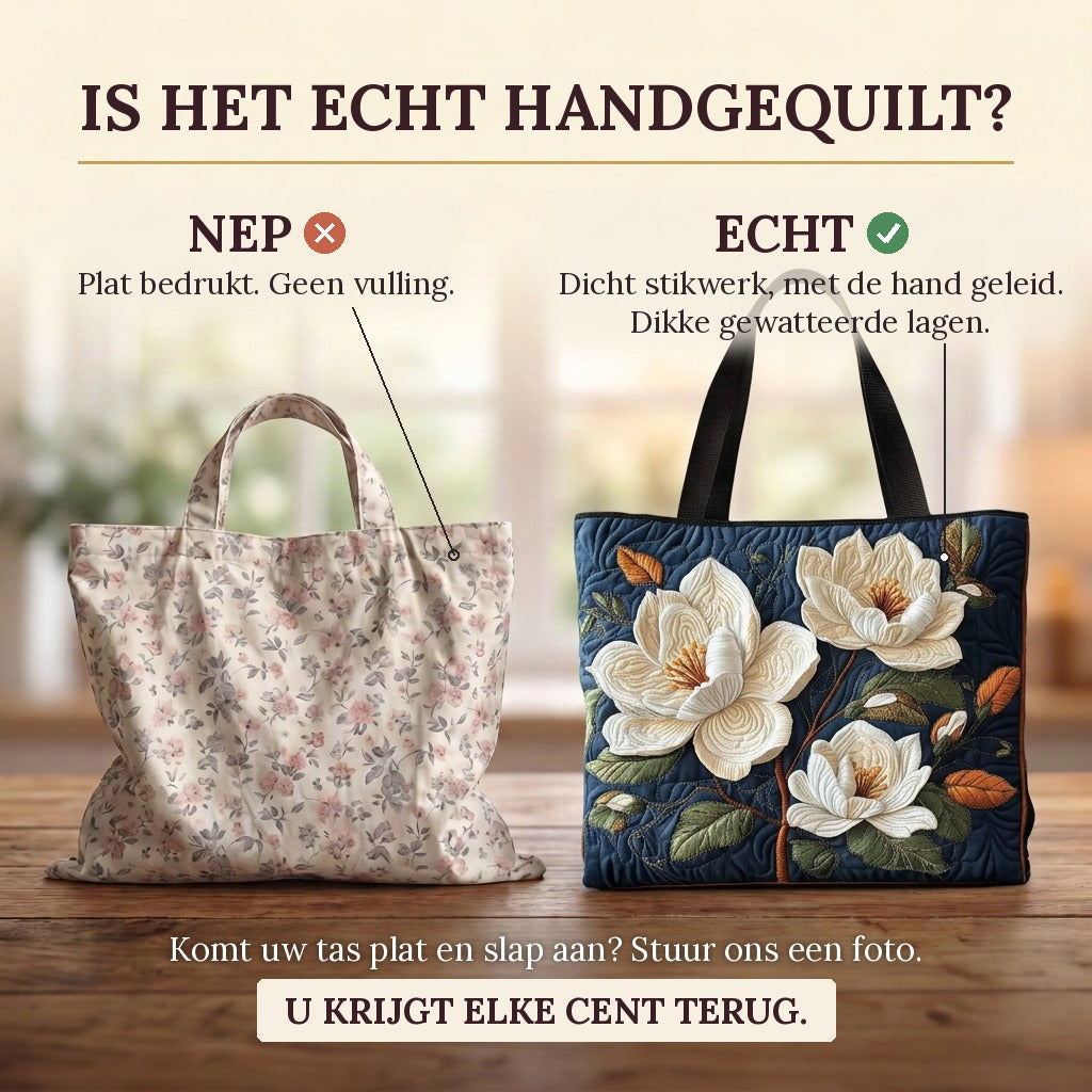 Delicate Magnolia quilted tote bag: real quilted layers vs a flat printed bag